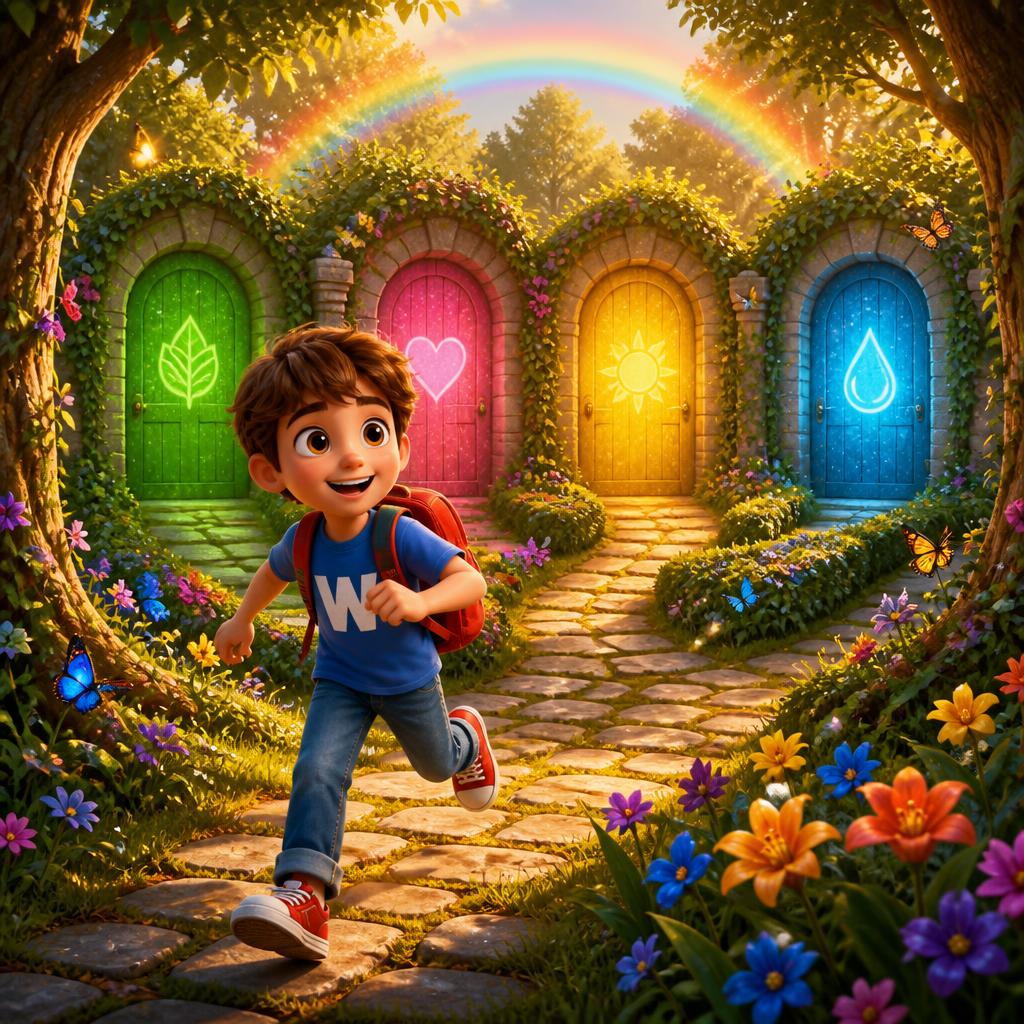 A cheerful boy exploring an enchanted maze with four magical doors